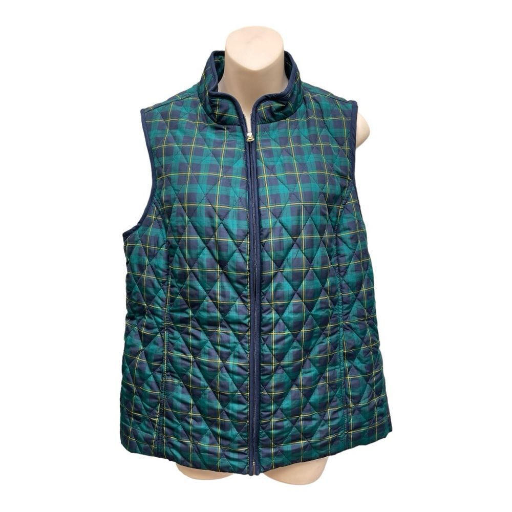 Croft & Barrow NWT Vest Sz M Green Blue Plaid Sleeveless Quilted Full Zip Preppy